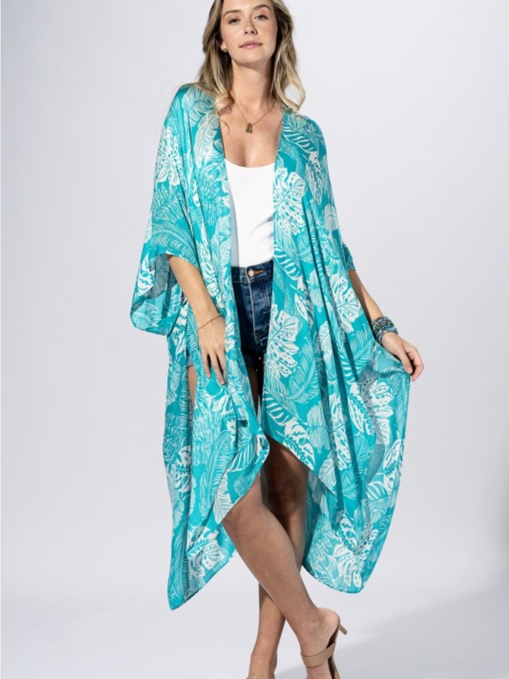 Aqua Palm Leaf Tropical Kimono, One Size, NWT